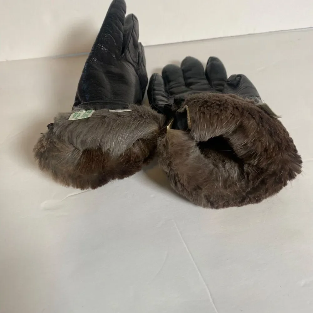 Astor One Italy Black Leather Gloves Rabbit Fur Lined Size 6.5